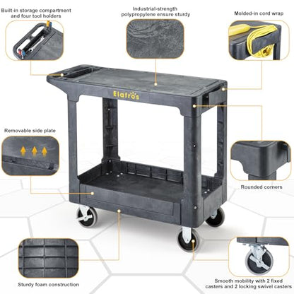 ELAFROS Heavy Duty Plastic Flat Top Mail Utility Cart, 37 x 18.8 in, Gray - color: Gray, size: 2 fixed 2 swivel casters