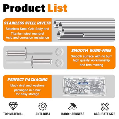 60pcs 3/16" x 3/4" Stainless Steel Pop Rivets with Stainless Steel Washers 4.8 x 20mm Blind Rivet Assortment Kit - size: 3/16*3/4