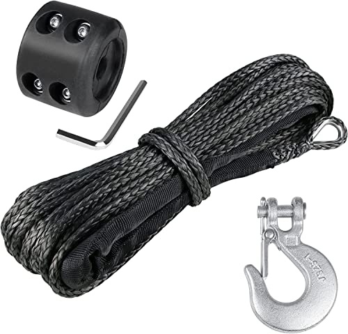 1/4" Synthetic Winch Rope 50 ft 10,000 lb UHMWPE Winch Cable Replacement Kit with Steel Hook, Rubber Stopper, Protective Sleeve, Compatible with ATV UTV Truck Winches, Black - color: Black, size: 1/4 In x 50 Ft with Hook