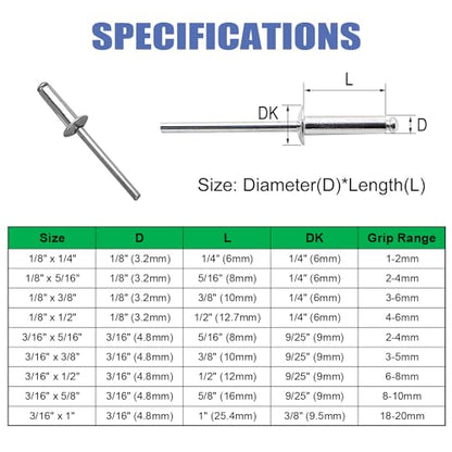 Maozaa 100Pcs 3/16" x 1/2" Aluminum Blind Rivets, Pop Rivets, Silver - color: Silver, size: 3/16" x 1/2"
