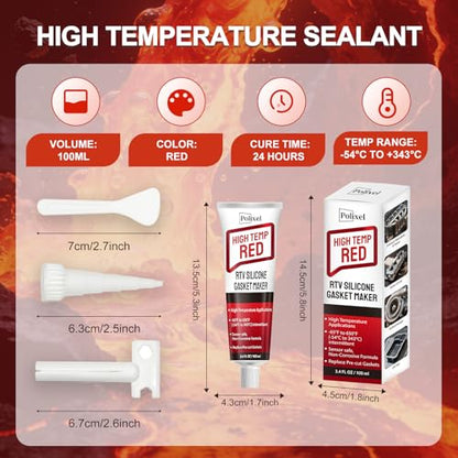 Red High Temperature RTV Silicone Gasket Maker - Oil Resistant Sealant for Engines, Exhaust Manifolds, Oil Pans, Gearboxes, Pumps, Superchargers & Automotive Parts - 3.4 oz