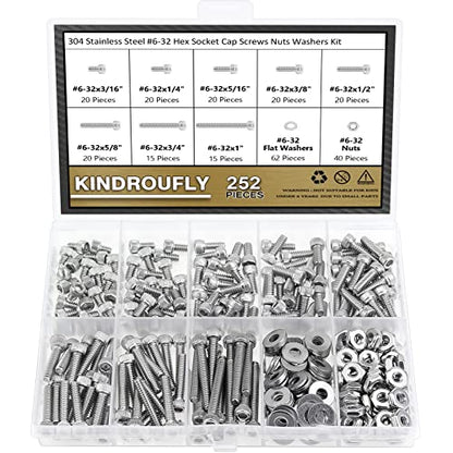 252 Pieces #6-32 x 3/16", 1/4", 5/16", 3/8", 1/2", 5/8", 3/4", 1", Hex Socket Head Cap Screws Nuts Washers Assortment Kit, 304 Stainless Steel, Fully Machine Thread - size: #6-32, style: Socket Head