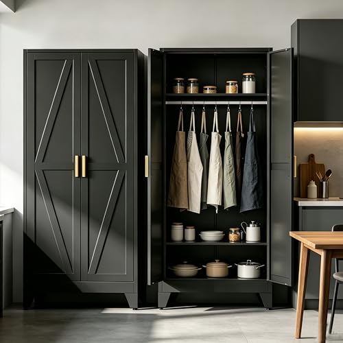 71" H Black Pantry Cabinet,Metal Storage Cabinets with Doors and Shelves,Tall Food Kitchen Cabinets,Farmhouse Kitchen Cabinet,Freestanding Cabinet - color: Black, size: 71"H-D
