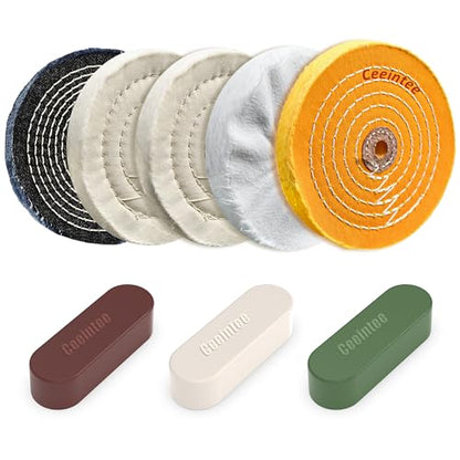 8 Pack 6 Inch Polishing Wheel for Bench Grinder, 1/2" Arbor Hole, Include 1 Denim Wheel, 1 Yellow Cotton, 2 White Cotton Polish Wheels, 1 Soft Flannel Buffing Wheel& 3 Polishing Compound