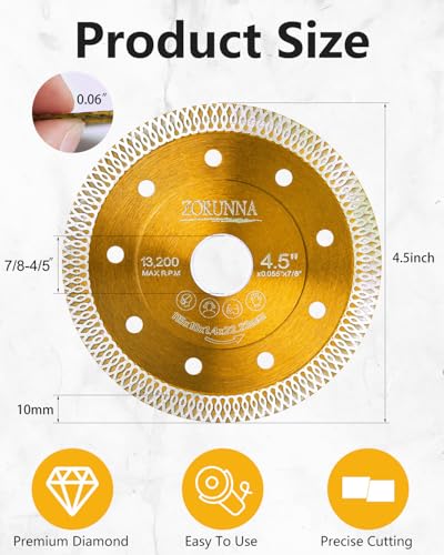 ZORUNNA 2Pcs 4.5" Super Thin Diamond Tile Blades for Grinder, Dry/Wet Cut - style: Gold