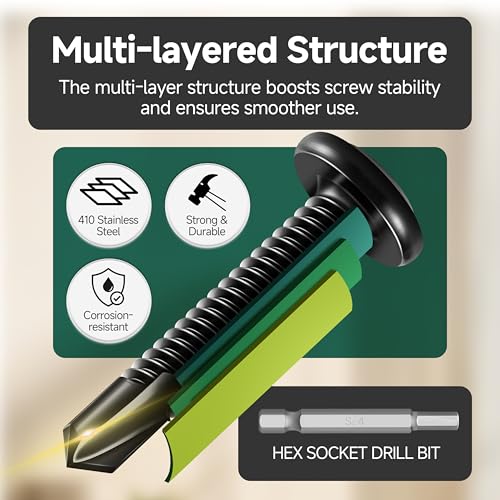 100Pcs 10 x 1 Sheet Metal Screws, Stainless Steel Flat Head Socket Cap Self Drilling Screw, Allen Socket Drive Black Oxide, Self Tapping Screws with Drill Bit - color: Black, size: #10 x 1"