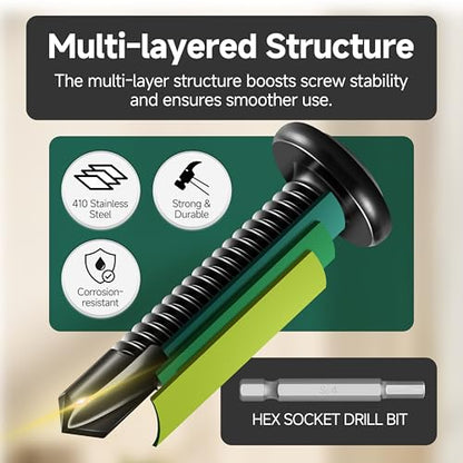100Pcs 10 x 5/8" Sheet Metal Screws, Stainless Steel Flat Head Socket Cap Self Drilling Screw, Allen Socket Drive Black Oxide, Self Tapping Screws with Drill Bit - color: Black, size: #10 x 5/8"