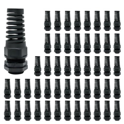 LeMotech 50Pcs NPT 1/2" IP68 Waterproof Cable Gland Flex Spiral Strain Relief Black Nylon Joint with Gaskets for 6-12mm Wire Thread - color: Black, size: NPT 1/2" (50-Pack)
