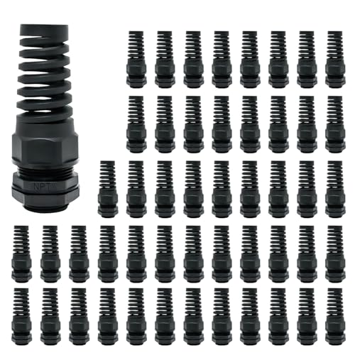 LeMotech 50Pcs NPT 1/2" IP68 Waterproof Cable Gland Flex Spiral Strain Relief Black Nylon Joint with Gaskets for 6-12mm Wire Thread - color: Black, size: NPT 1/2" (50-Pack)