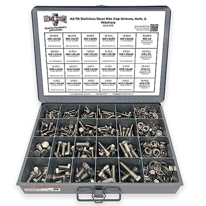 A2-70 Stainless Steel Metric Hex Cap Screws Bolts, Nuts, & Washers Assortment Kit - 575 Pieces!