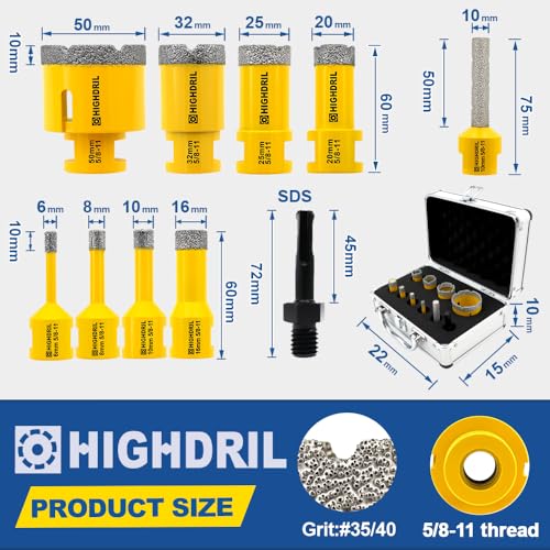 HIGHDRIL 10Pcs Diamond Drill Bits Kit with 5/8-11for Porcelain Tile Ceramic - size: Thread Set8