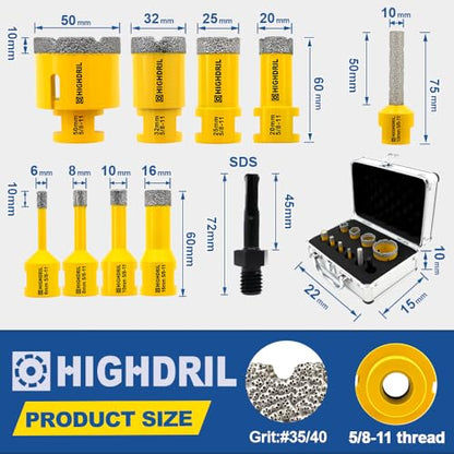 HIGHDRIL 10Pcs Diamond Drill Bits Kit with 5/8-11for Porcelain Tile Ceramic - size: Thread Set8