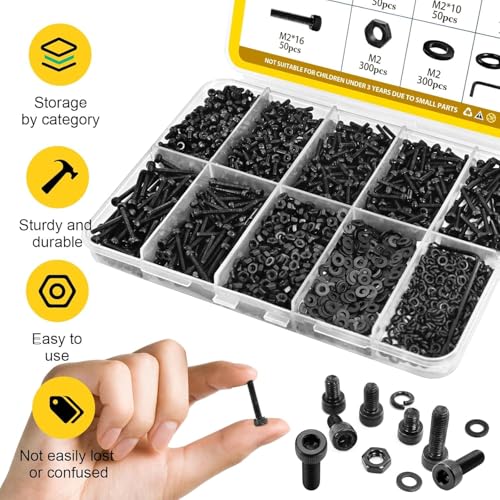 1200pcs M2 Hex Socket Head Screws Assortment Kit,M2x4/6/8/10/12/16 mm - size: M2 1200pcs
