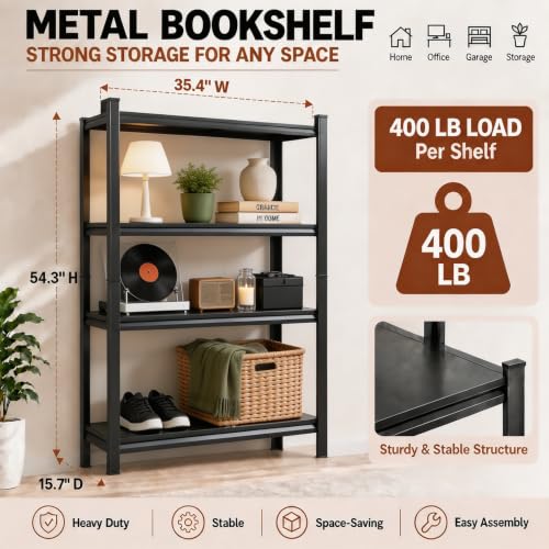 Metal Book Shelf, Adjustable Tall Bookcase, No Assembly Storage Shelves - size: 4Tier-35.4"Wx 15.7"Dx 54.3"H