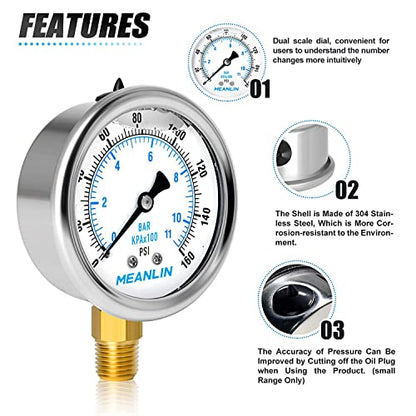 MEANLIN MEASURE 0~160Psi Stainless Steel 1/4" NPT 2.5" FACE DIAL Liquid Filled Pressure Gauge WOG Water Oil Air Lower Mount (Pack of 2), with 1/2" NPT and 3/8" NPT Hex Bushing - size: 0-160Psi (2Pcs)