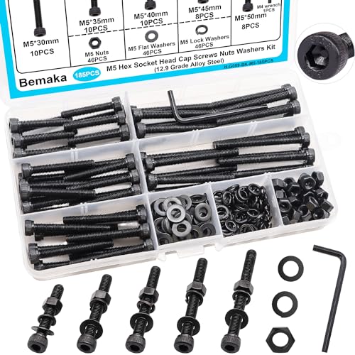 185PCS Black M5 Hex Socket Head Cap Screws, M5 x 30/35/40/45/50mm Metric Screws Bolts Nuts Washers Assortment Kit with Hex Wrench, 12.9 Grade Alloy Steel - color: BK-M5 x 30-50mm/