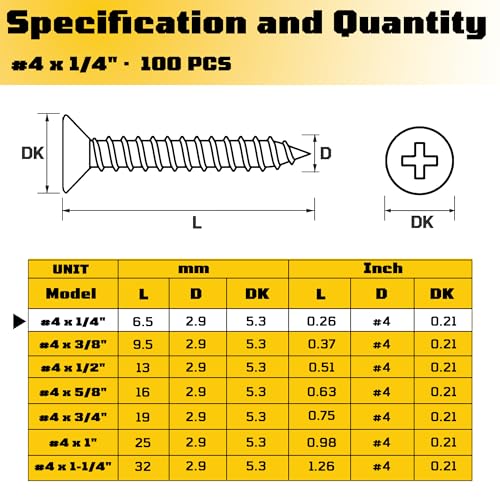 #4 x 1/4 inch Flat Head Wood Screws, 304 Stainless Steel Phillips Drywall Screws and Tapping Screws, High Hardness Screws for Drywall, Sheetrock, Wood (100 pcs) - size: #4 x 1/4"