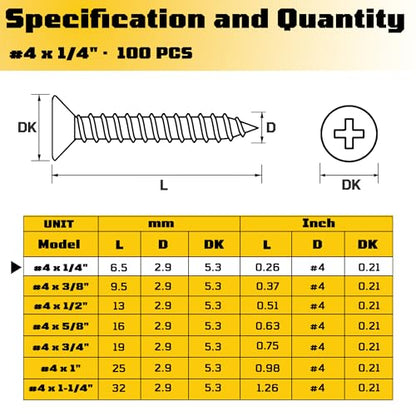 #4 x 1/4 inch Flat Head Wood Screws, 304 Stainless Steel Phillips Drywall Screws and Tapping Screws, High Hardness Screws for Drywall, Sheetrock, Wood (100 pcs) - size: #4 x 1/4"