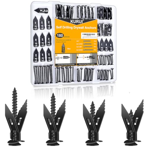 KURUI Self Drilling Anchors and Screws Kit,180 Pc,Metal Anchors for Drywall