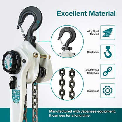 TOYO Lever Chain Hoist 3500Lbs 10ft,Chain Come Along 1.6T 10Ft Ratchet Chain Puller Hoist Alloy Steel G80 Chain 2 Heavy Duty Hooks for Building Warehouse Automotive Garages Machinery (3500LB 10FT) - size: 3500Lb 10Ft