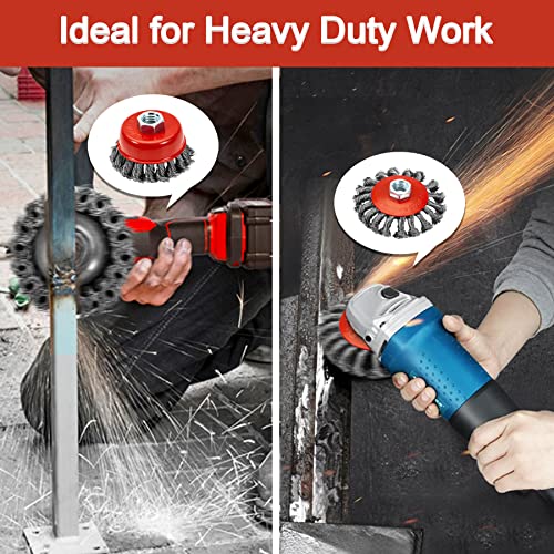 AUPREX 4 1/2" Angle Grinder Wire Wheel Set - 4 Inch & 3 Inch Knotted Coarse Crimped Wheels, Cup Brush with 5/8-11UNC Threaded Arbor