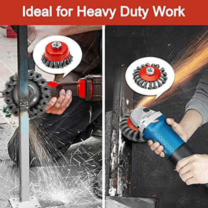 AUPREX 4 1/2" Angle Grinder Wire Wheel Set - 4 Inch & 3 Inch Knotted Coarse Crimped Wheels, Cup Brush with 5/8-11UNC Threaded Arbor