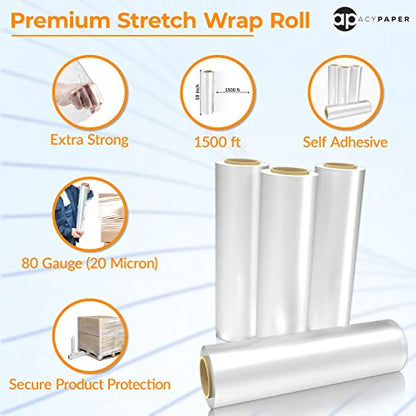 ACYPAPER, 18" Stretch Film/Wrap 1200 feet 80 Gauge Industrial Strength, up to 800% Stretch 20 Microns Clear Cling Durable Adhering Packing Moving Packaging Heavy Duty Shrink Film (4 Rolls/Box)