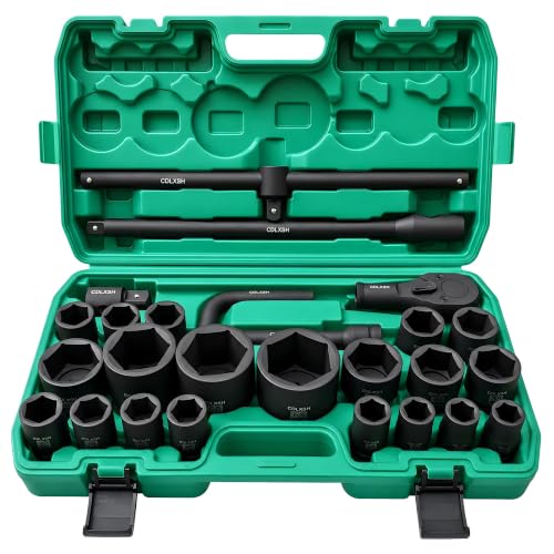 3/4" and 1" Impact Socket Set, Standard 6 Point Metric Deep Drive Sockets 21-50 mm and 55-65 mm, Cr-Mo Steel, 26Pcs Heavy Duty Large Socket Set with Ratchet Wrench, T Sliding Bar and Dedicated Case - style: 3/4in-26Pcs-Metric