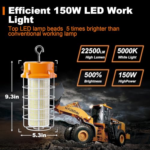150W LED Temporary Work Light 22500lm 5000K Construction Lighting Temp Light High Bay Fixture, Hanging Temporary Work Lights with Stainless Steel Safety Guard Sturdy Hook for Mine Workshop Jobsite - style: 150W