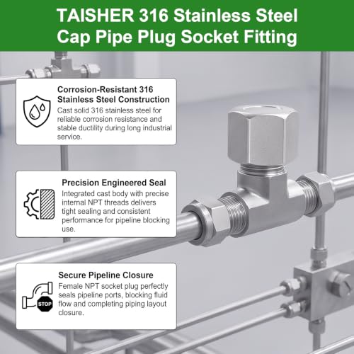 TAISHER 5Pcs 316 SS Hex Pipe Cap, 1/4" Female NPT Thread Pipe Fitting - size: 1/4"FNPT(316 Cap)