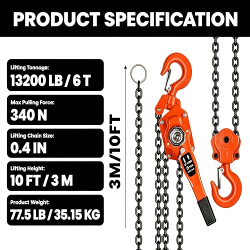 6 Ton Industrial Chain Fall, Manual Lever Hoist with 10FT G80 Carbon Steel Chain, Double-Pawl Brake, Lever Chain Hoist for Unpowered Lifting