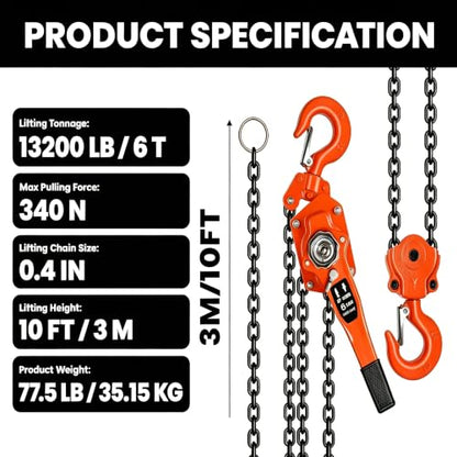 6 Ton Industrial Chain Fall, Manual Lever Hoist with 10FT G80 Carbon Steel Chain, Double-Pawl Brake, Lever Chain Hoist for Unpowered Lifting