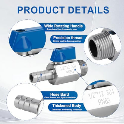 2Pack 1/2" Hose Barb to 1/2" NPT Male Mini Ball Valve 304 Stainless Steel Shut Off Valve with Clamps Kit for Air Water Fuel Gas (1/2" Barb x 1/2" NPT Male) - size: 1/2" Barb x 1/2" NPT Male