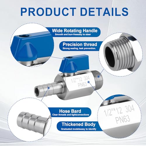 2Pack 1/4" Hose Barb to 1/4" NPT Male Mini Ball Valve 304 Stainless Steel Shut Off Valve with Clamps Kit for Air Water Fuel Gas (1/4" Barb x 1/4" NPT Male) - size: 1/4" Barb x 1/4" NPT Male