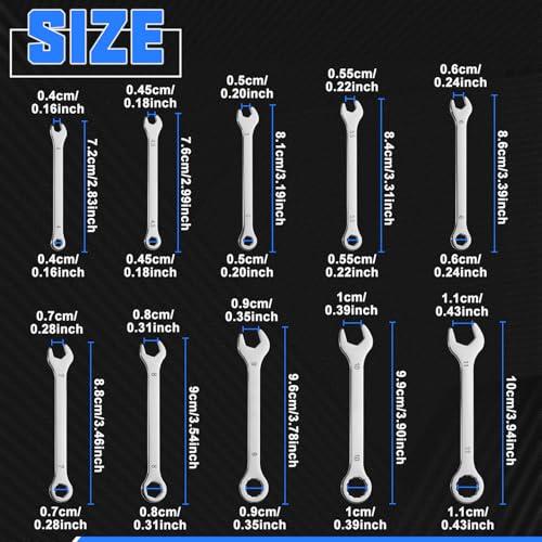 10PCS Super-Thin Mini Wrench Set Standard Metric 4mm-11mm Stainless Steel Ignition Wrenches Open End and Box End Combination Wrench Set for Tight Spaces, Circle Ring, Gate Clip in Pouch - size: Ultra-Thin Metric