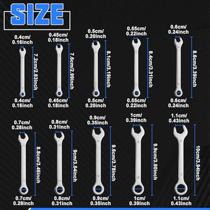 10PCS Super-Thin Mini Wrench Set Standard Metric 4mm-11mm Stainless Steel Ignition Wrenches Open End and Box End Combination Wrench Set for Tight Spaces, Circle Ring, Gate Clip in Pouch - size: Ultra-Thin Metric