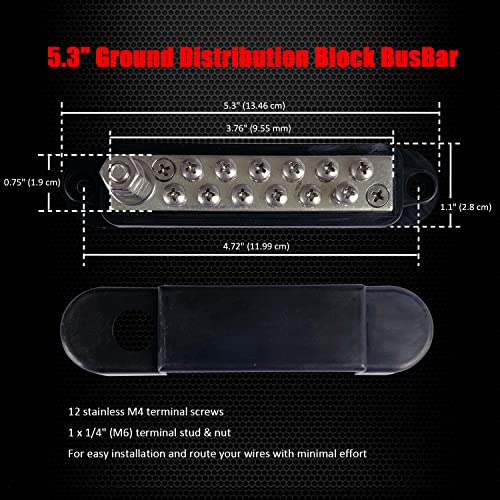 Ampper 1/4" Stud Power Distribution Block Bus Bar 12 x #8 Screw Kit, Black - color: Black, size: Plated Brass Kit
