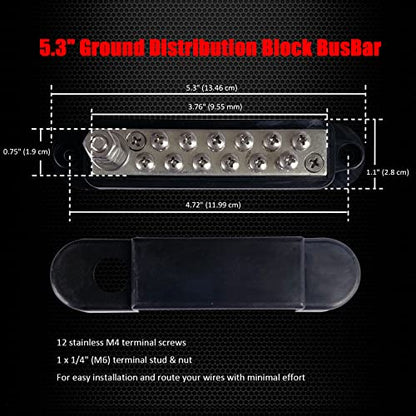 Ampper 1/4" Stud Power Distribution Block Bus Bar 12 x #8 Screw Kit, Black - color: Black, size: Plated Brass Kit