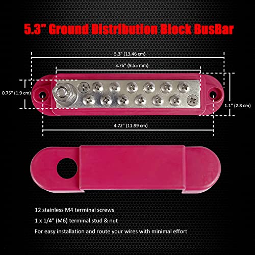 Ampper 1/4" Stud Power Distribution Block Bus Bar 12 x #8 Screw Kit, Red - color: Red, size: Plated Brass Kit