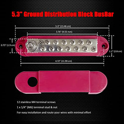 Ampper 1/4" Stud Power Distribution Block Bus Bar 12 x #8 Screw Kit, Red - color: Red, size: Plated Brass Kit