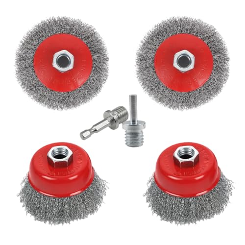 4Pcs 4"Coarse Crimped Wire Wheel & 3"Cup Brush For 4-1/2" Angle Grinder 5/8"-11 UNC Arbor, 0.014”Carbon Steel Wire Brush For Rust, Corrosion, Paint Removal(With 2Pcs 1/4" Shank Drill Adapter) - style: 4" Coarse Crimped Wire Wheel & 3" Cup Brush