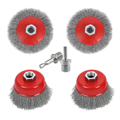 4Pcs 4"Coarse Crimped Wire Wheel & 3"Cup Brush For 4-1/2" Angle Grinder 5/8"-11 UNC Arbor, 0.014”Carbon Steel Wire Brush For Rust, Corrosion, Paint Removal(With 2Pcs 1/4" Shank Drill Adapter) - style: 4" Coarse Crimped Wire Wheel & 3" Cup Brush