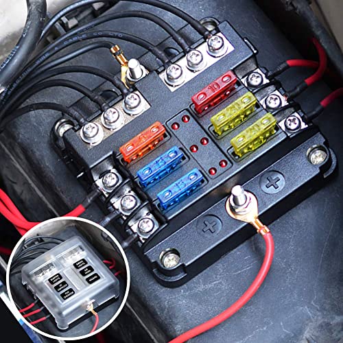 6 Way 12v Fuse Blocks, Waterproof Marine Fuse Block, Universal Fuse Box with LED Warning Indicator Damp-Proof Cover, 6 Circuits with Negative Bus Fuse Holder for Golf Cart RV Truck DC 12-24V