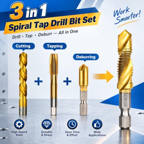 Metric Drill Tap Set, 6-Piece Titanium HSS Hex Shank Bits