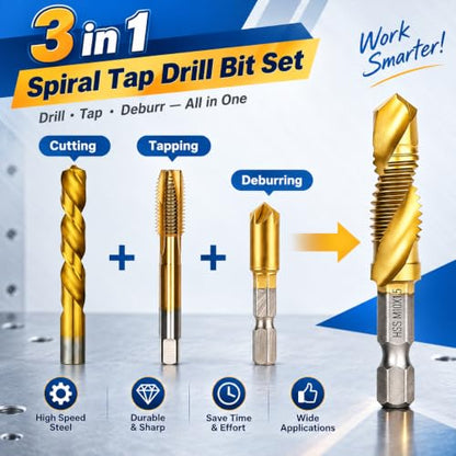 Metric Drill Tap Set, 6-Piece Titanium HSS Hex Shank Bits