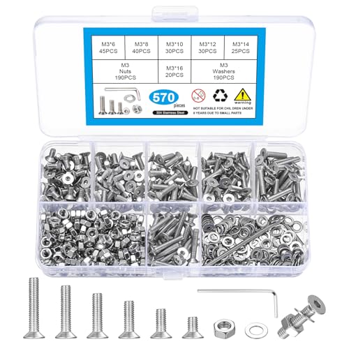 570 Pcs M3 Screws Set, Metric Screw Assortment, Metric Machine Screw Assortment, Countersunk Bolts and Nuts Set, 304 Stainless Steel Flat Head Hex Socket Cap Screws Bolts with Washers - size: M3