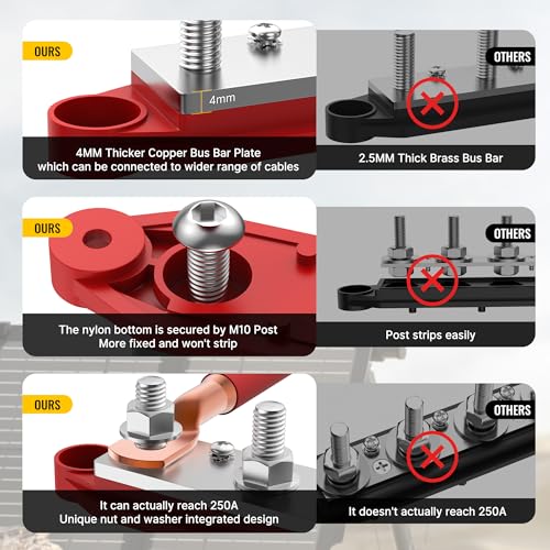Joinfworld Bus Bar 12V 250A Power Distribution Block 4 x 3/8" Studs Marine Bus Bar 12 Volt Battery Busbar Terminal Block for Automotive, Car, Boat, Solar Wiring - Negative&Positive - size: 250A 4 x 3/8"(M10) Studs