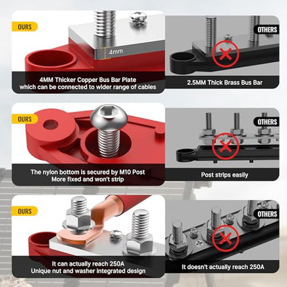 Joinfworld Bus Bar 12V 250A Power Distribution Block 4 x 3/8" Studs Marine Bus Bar 12 Volt Battery Busbar Terminal Block for Automotive, Car, Boat, Solar Wiring - Negative&Positive - size: 250A 4 x 3/8"(M10) Studs
