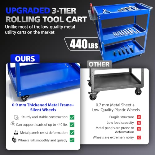 3-Tier Thickened Metal Cart w/Lockable Silent Wheels 440LBS