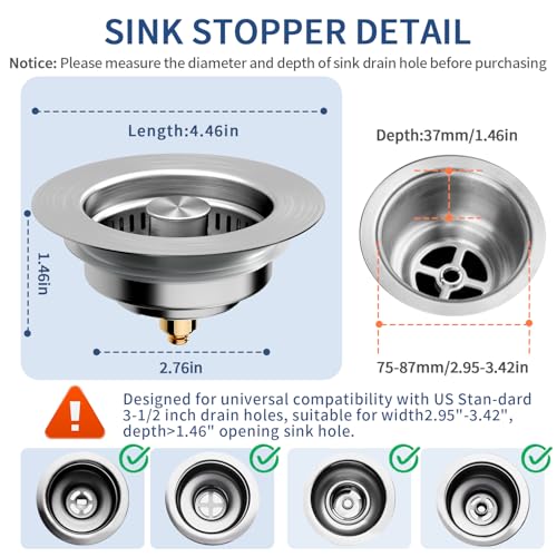 3-in-1 Kitchen Sink Drain Strainer & Sink Stopper 2 Pack - 304 Stainless Steel Sink Drain Strainer, Pop-Up Anti-Clog Design, Fits Standard 3-1/2'' Sink Drains - color: Sus304 Brushed 2pack